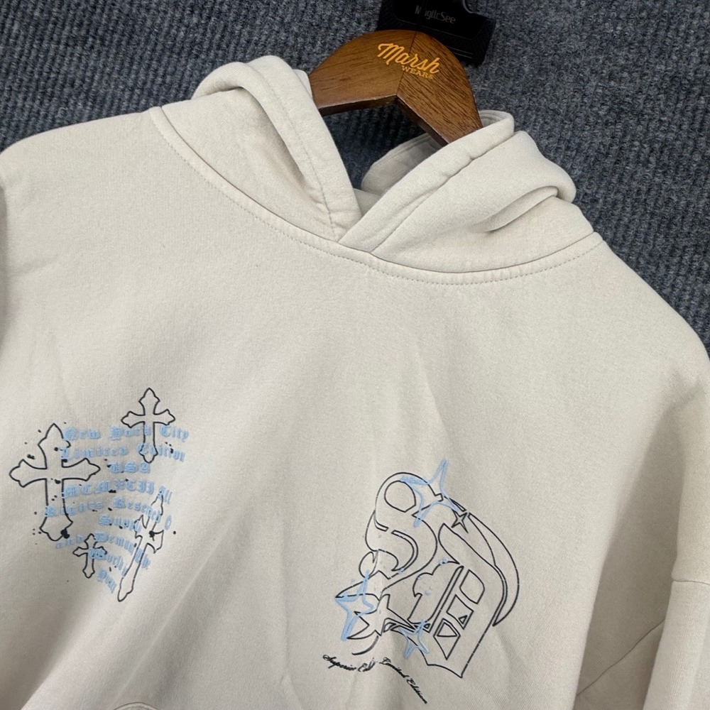 Supply & Demand Hoodie Mens XL Cream Excellent Graphic Streetwear Crosses NYC